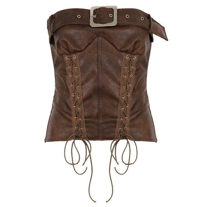 Damen Kunstleder-Corsage mit raffinierten Schnürdetails und dekorativem Gürtel Drune