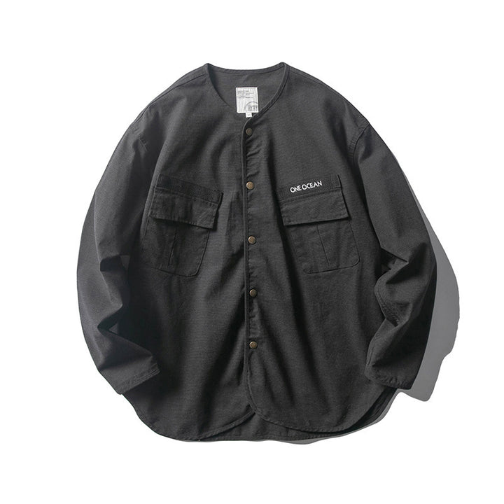 Unisex Kragenlose Overshirt-Jacke mit Druckknopfblende und aufgesetzten Brusttaschen Drune