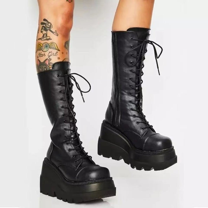 Damen Overknee-Plateau-Stiefel mit klobiger Lug-Sohle und seitlichem Reißverschluss Drune