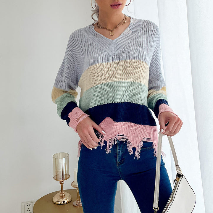Damen Oversize Strickpullover mit V‑Ausschnitt, Streifenmuster und ausgefranstem Saum Drune
