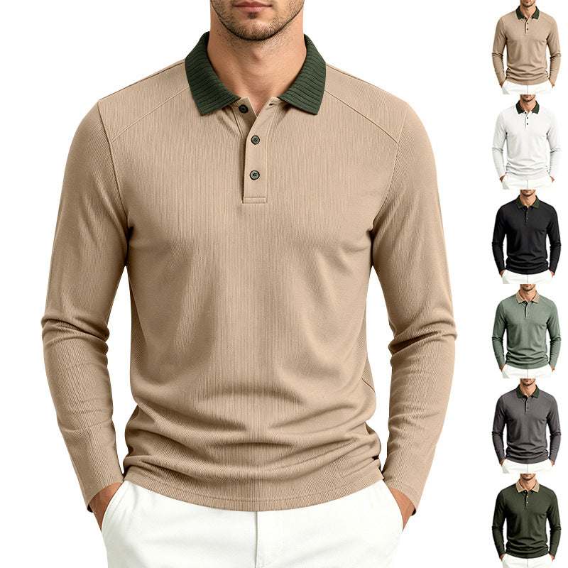 Herren Langarm-Poloshirt mit gerippter Kontrastkragen und feiner Waffelstruktur Drune