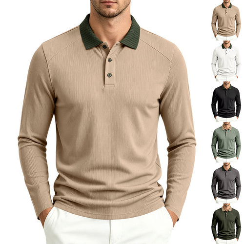 Herren Langarm-Poloshirt mit gerippter Kontrastkragen und feiner Waffelstruktur Drune
