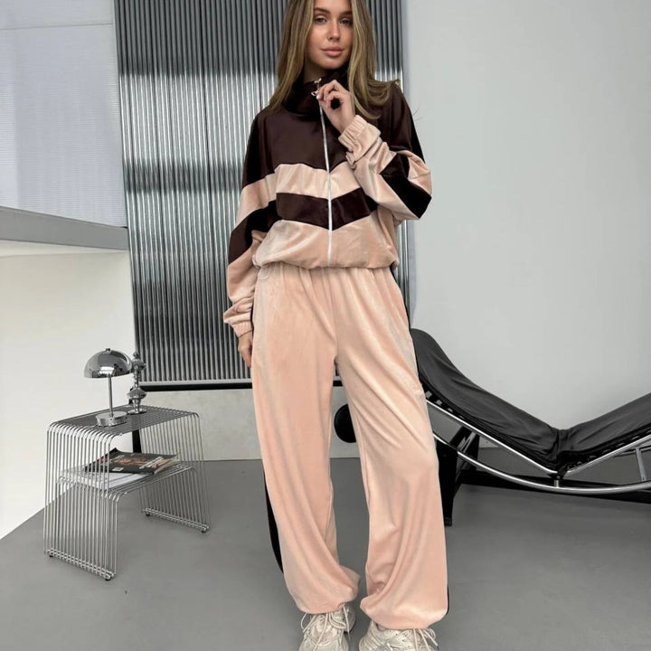 Damen Retro-inspiriertes Samt-Trackset mit Chevron-Design, Stehkragen und weiter High-Waist-Jogger Drune
