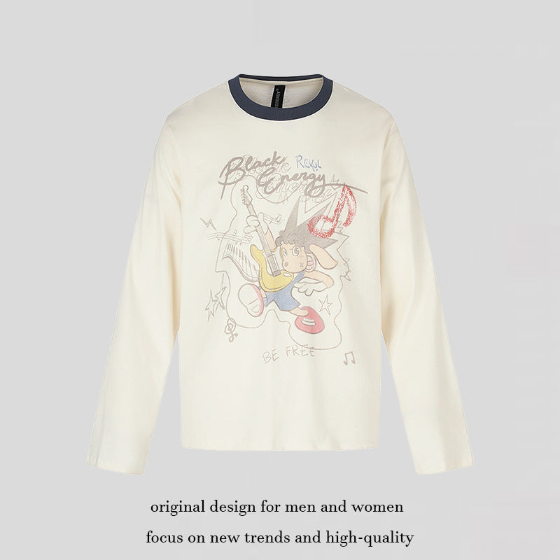 Damen Langarmshirt mit Comic-Gitarrenprint, Glitzerdetail und Kontrastkragen Drune