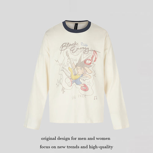 Damen Langarmshirt mit Comic-Gitarrenprint, Glitzerdetail und Kontrastkragen Drune