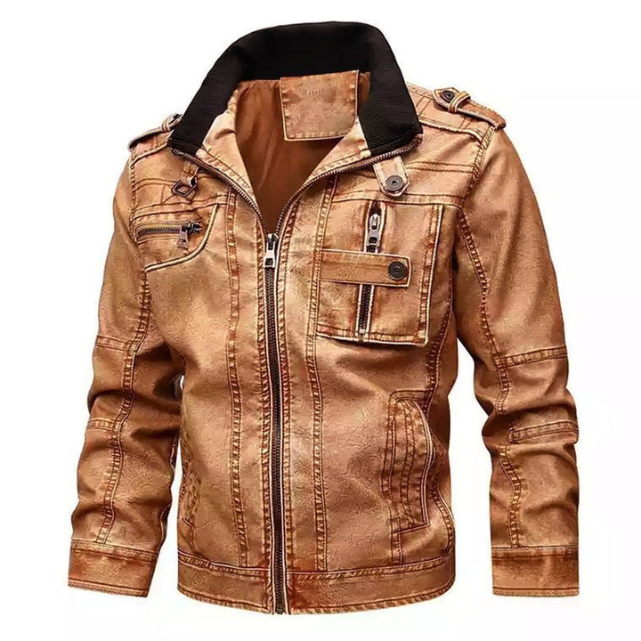 Herren Bikerjacke aus Kunstleder mit Stehkragen, markanten Ziernähten und Mehrfach-Taschendetails Drune