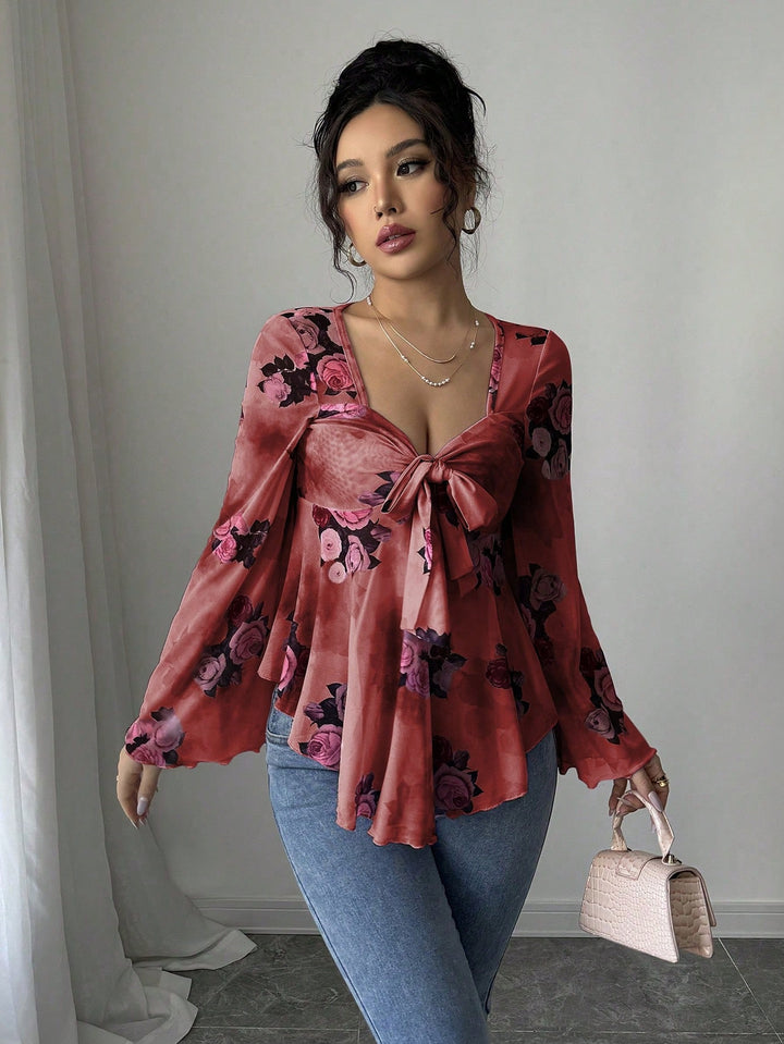 Damen Transparente Chiffon-Babydoll-Bluse mit Knotenfront und floralem Allover-Print Drune