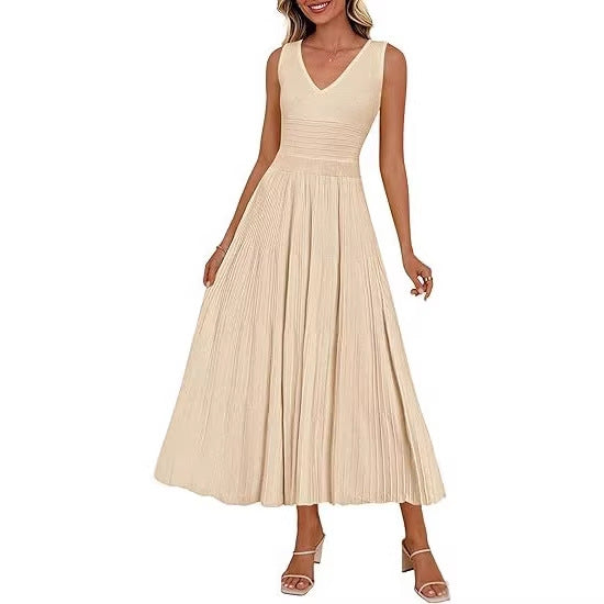 Damen Plisseekleid mit V-Ausschnitt und weitem Saum Drune
