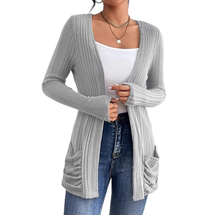 Damen Gerippter Langcardigan mit offener Front, Eingrifftaschen und legerer Passform Drune