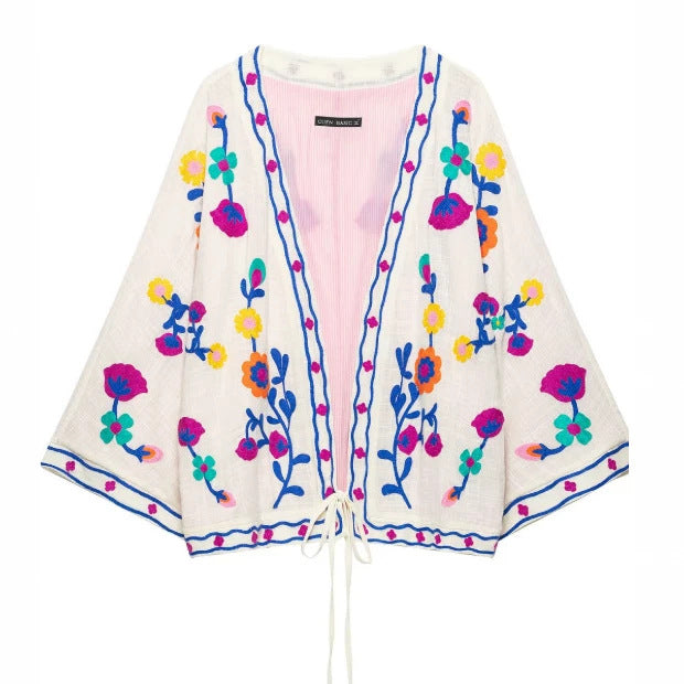 Damen Bestickter leichter Kimono-Cardigan mit floralem Motiv und Bindeband Drune