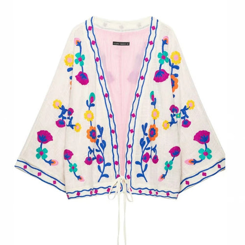 Damen Bestickter leichter Kimono-Cardigan mit floralem Motiv und Bindeband Drune