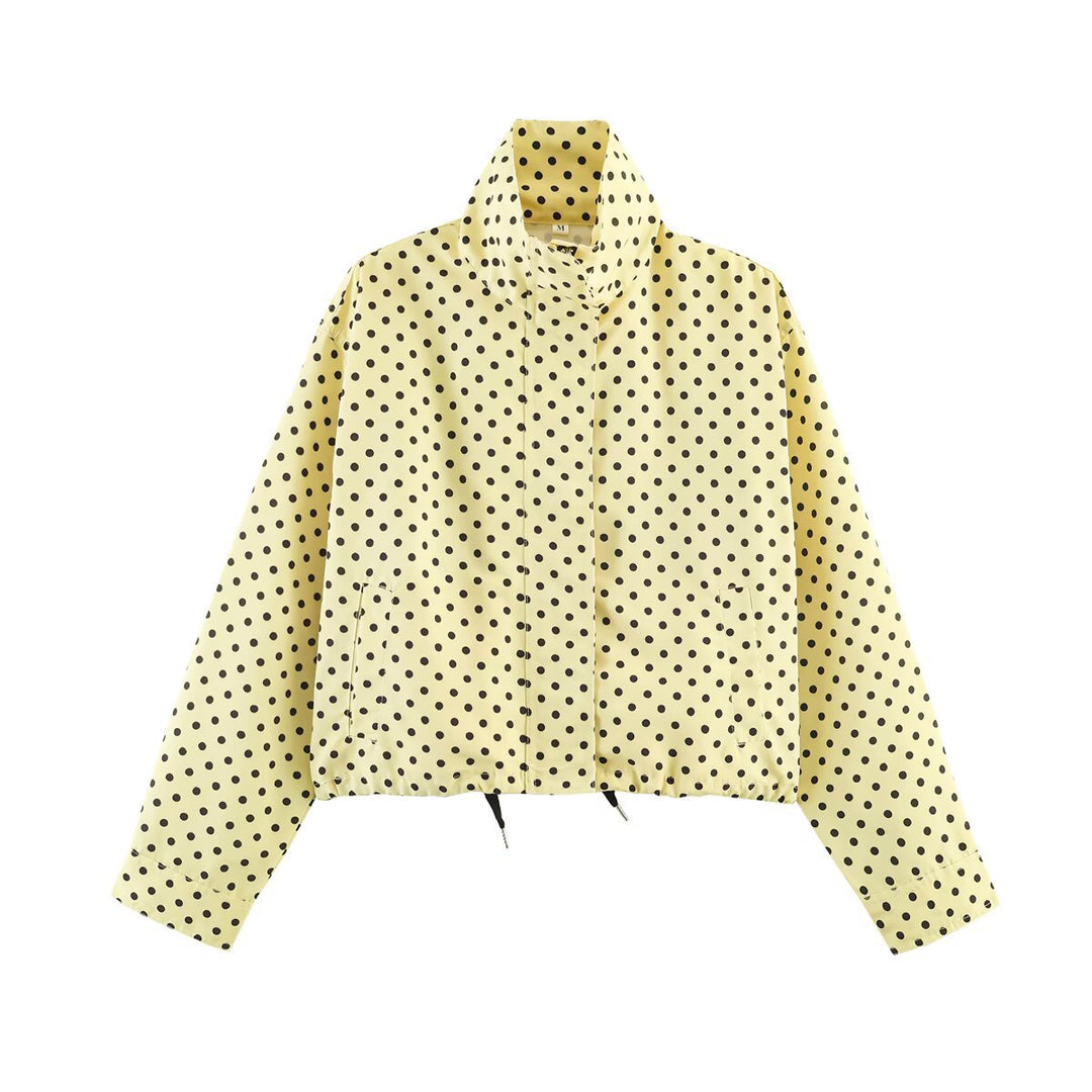 Damen Gepunktete Kurzjacke mit Stehkragen, verdeckter Frontleiste und Kordelzug Drune