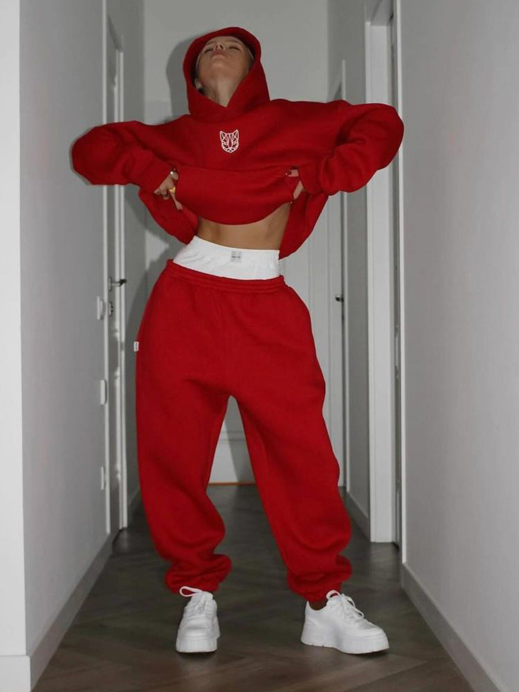Damen Cropped Kapuzenpullover und weite High-Waist Jogginghose Set Drune