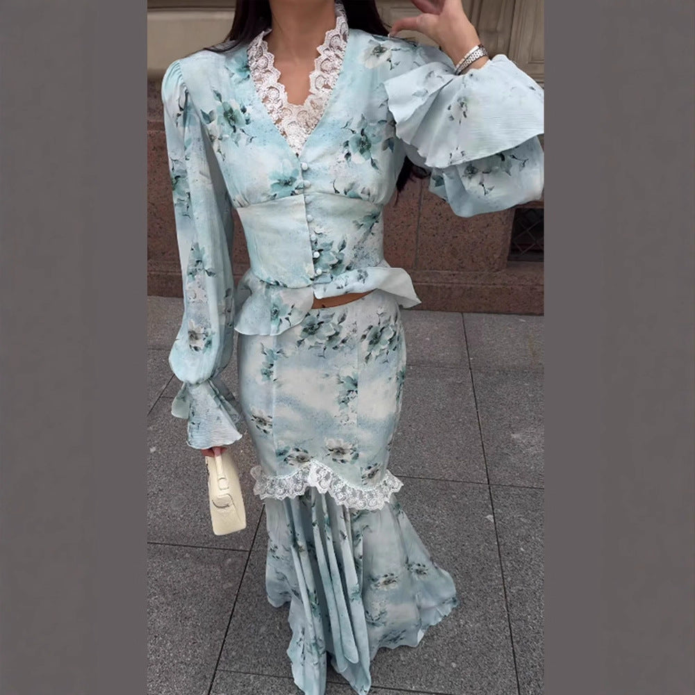 Damen Zweiteiliges Maxikleid-Set mit Korsagenoberteil, Volantärmeln und Spitzenbesatz Drune