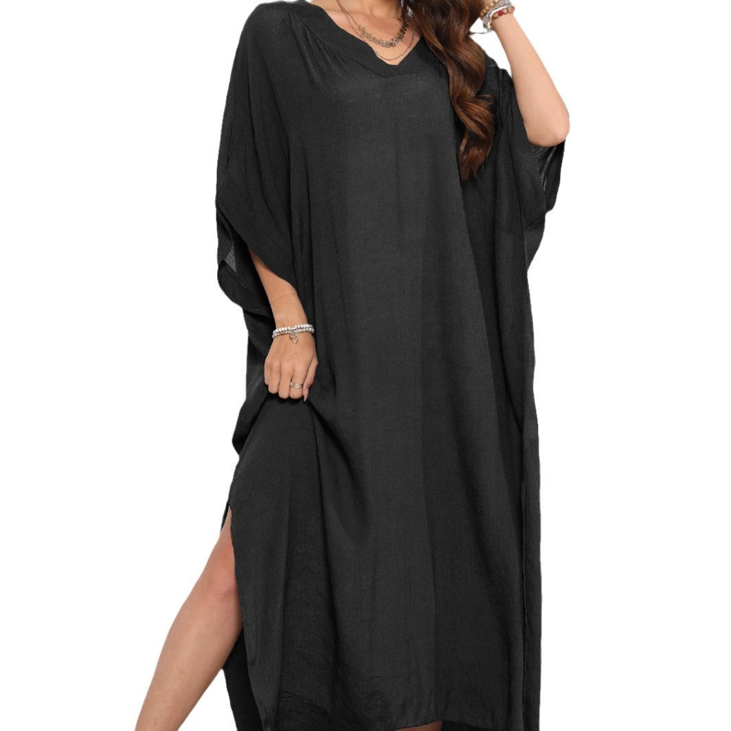 Damen luftiges Sommer-Kleid mit V-Ausschnitt und asymmetrischem Saum Drune