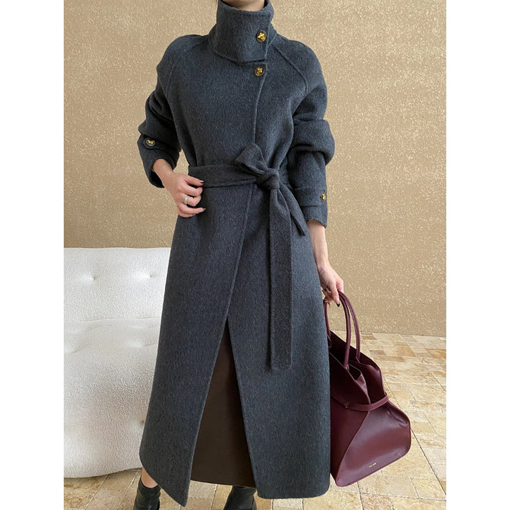 Damen eleganter Mantel mit hohem Kragen und Bindegürtel Drune