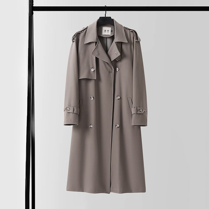 Herren Knielanger doppelreihiger Trenchcoat mit Epauletten, Sturmklappe und Manschettenriegel Drune