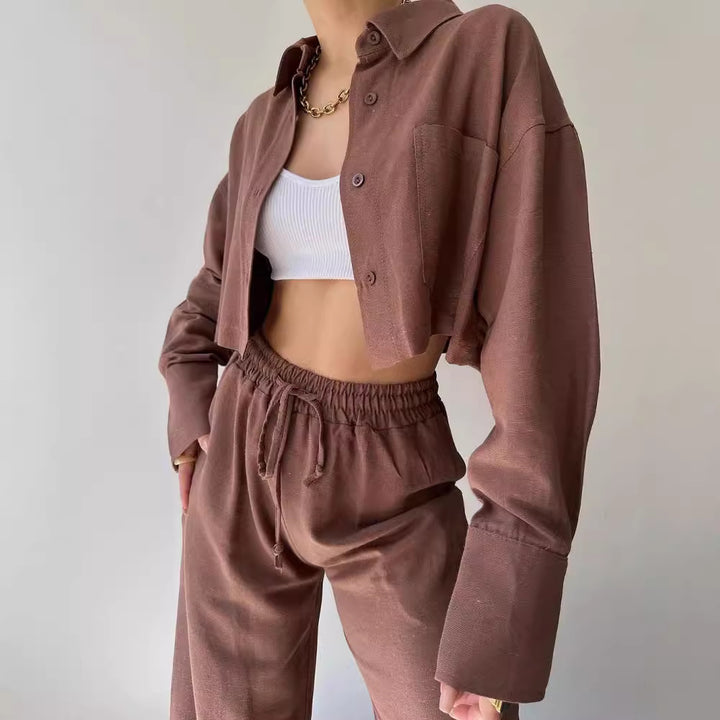 Damen Leinenoptik-Loungewear-Set mit Cropped-Overshirt und High-Waist-Tunnelzughose Drune