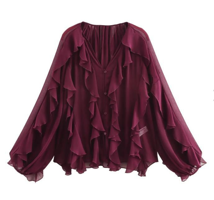 Damen nan feminine Chiffon-Volantbluse mit Ballonärmeln und V-Ausschnitt Drune