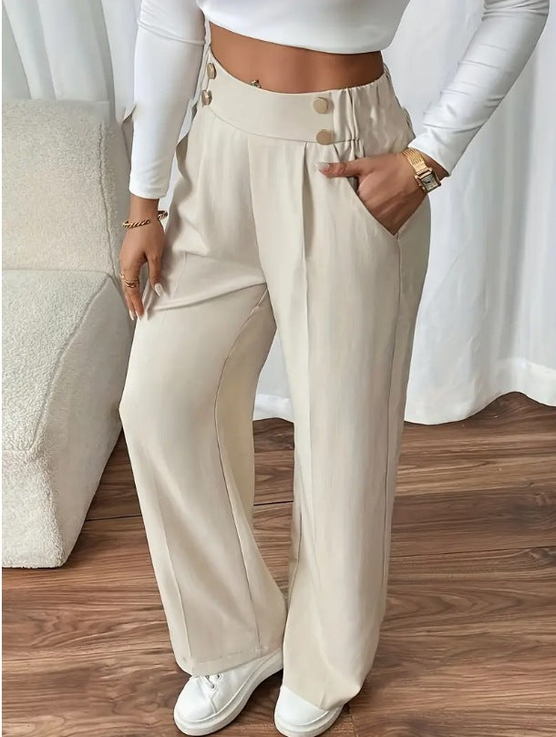 Damen Klassische weite Hose mit Knopfleiste und Taschen Drune