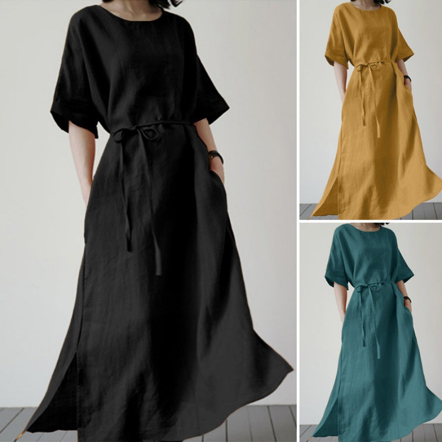 Damen Leinenmaxikleid mit weit geschnittenen Ärmeln und Taillengürtel Drune