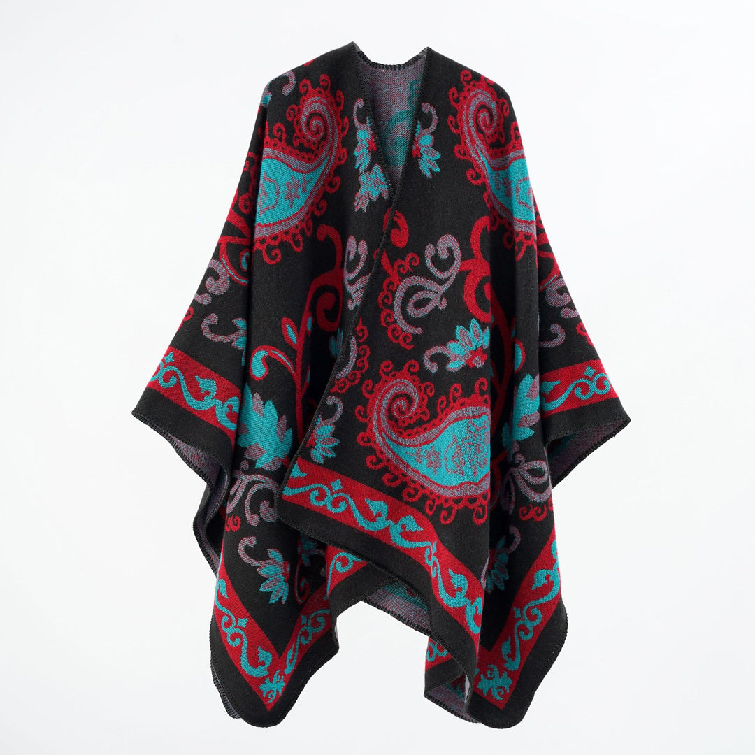 Damen Jacquard-Wollmix-Poncho mit Paisley‑Jacquard und offenem Kimono‑Fall Drune