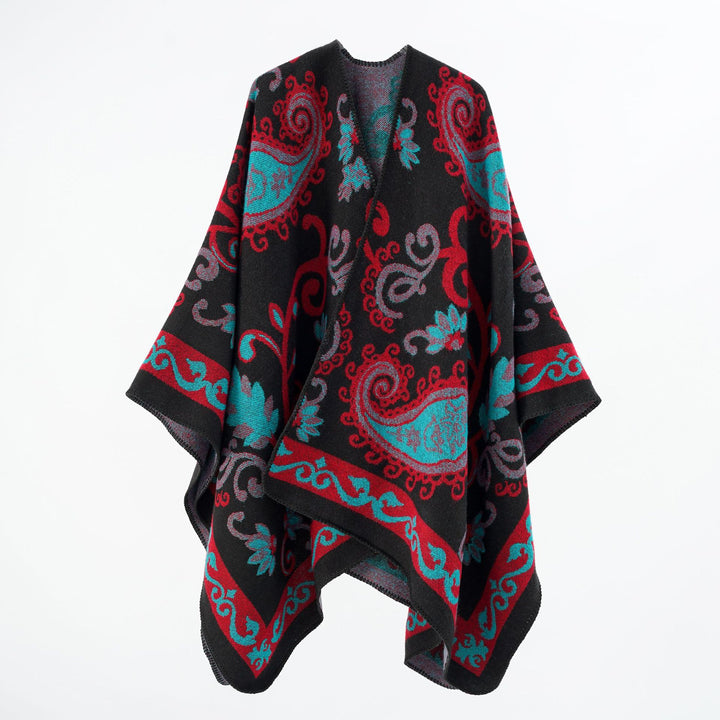 Damen Jacquard-Wollmix-Poncho mit Paisley‑Jacquard und offenem Kimono‑Fall Drune