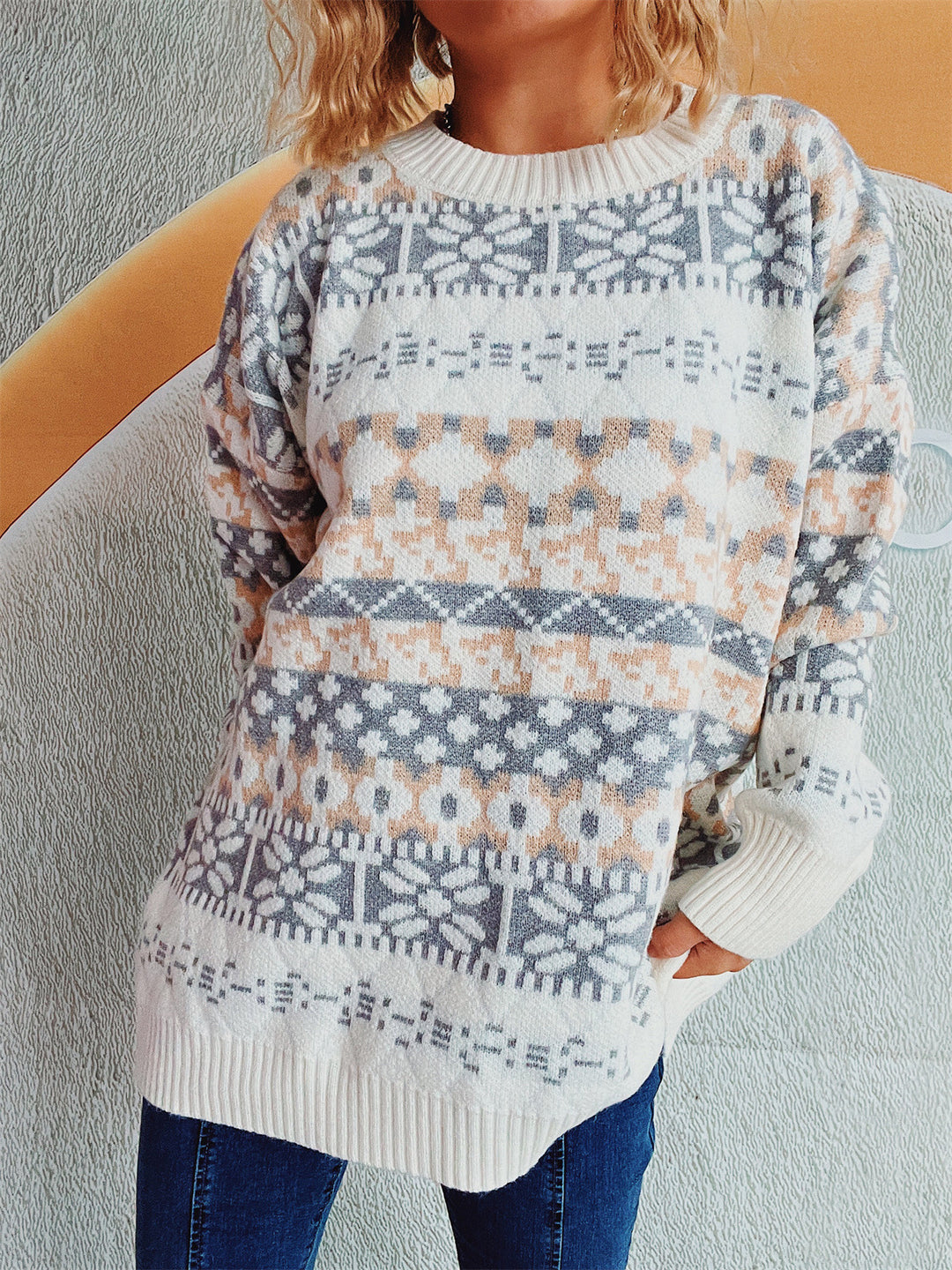 Damen gemütlicher Strickpullover mit winterlichem Muster und lässigem Schnitt Drune