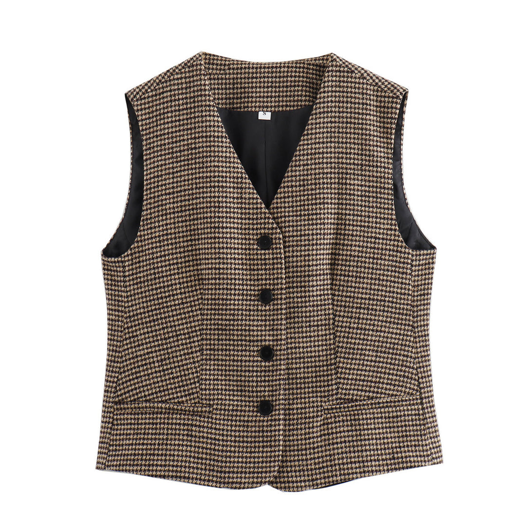 Damen nan tailliertes Hahnentritt-Gilet mit V-Ausschnitt und Knopfleiste Drune