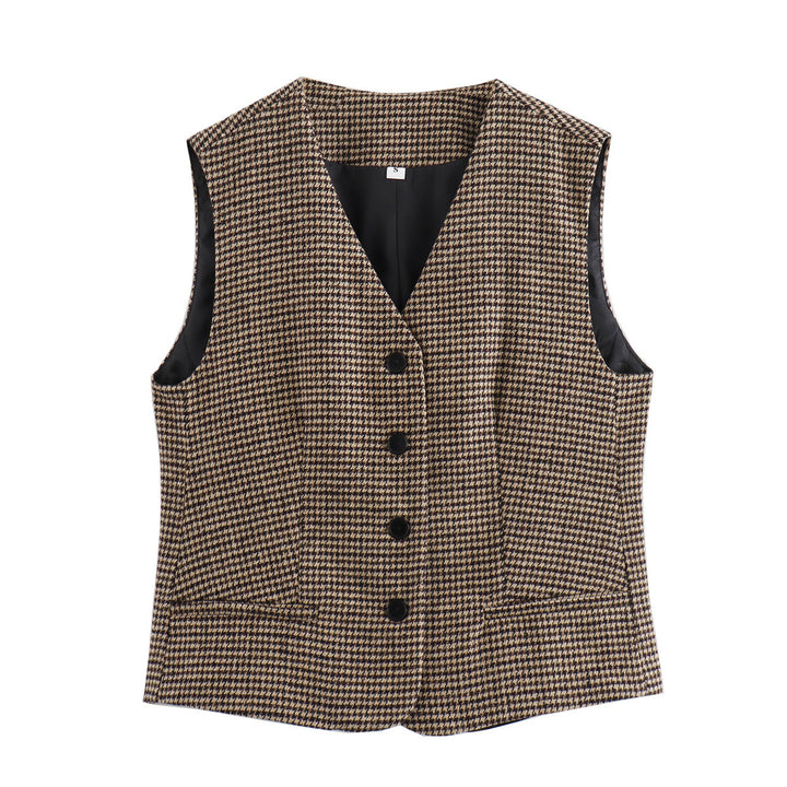 Damen nan tailliertes Hahnentritt-Gilet mit V-Ausschnitt und Knopfleiste Drune