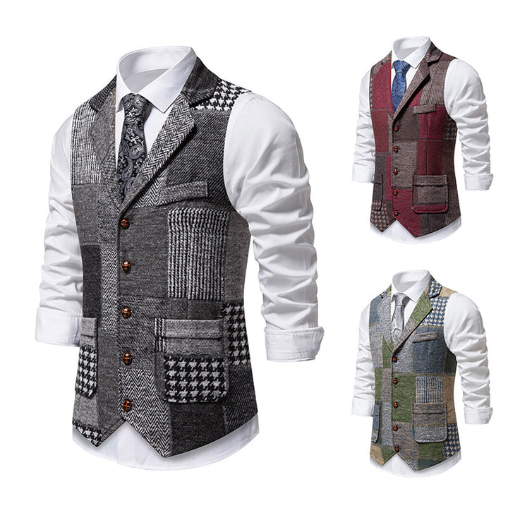 Herren Patchwork-Tweed-Weste mit Reverskragen und Pattentaschen Drune