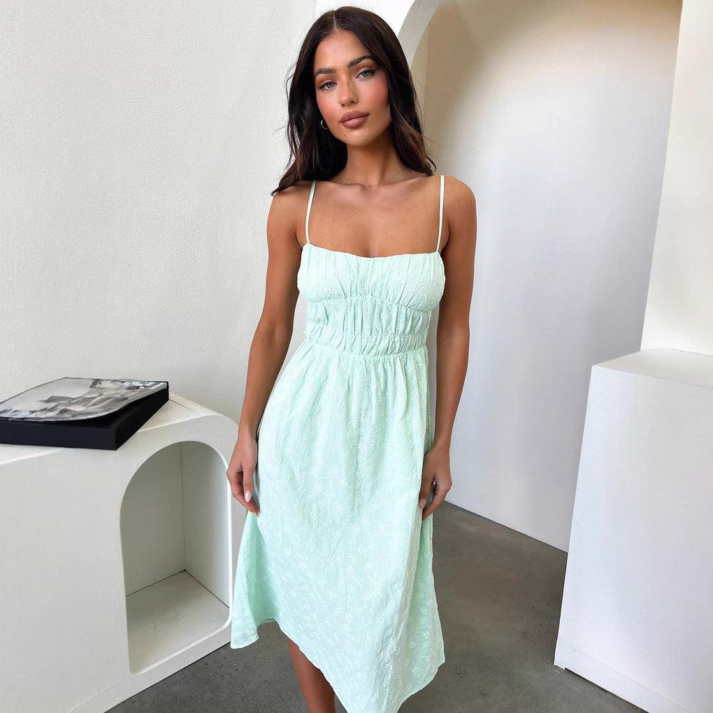 Damen Sommerliches Midi-Kleid mit verstellbaren Spaghettiträgern und Raffung Drune