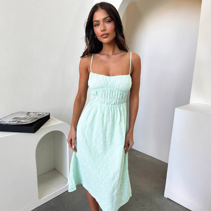 Damen Sommerliches Midi-Kleid mit verstellbaren Spaghettiträgern und Raffung Drune