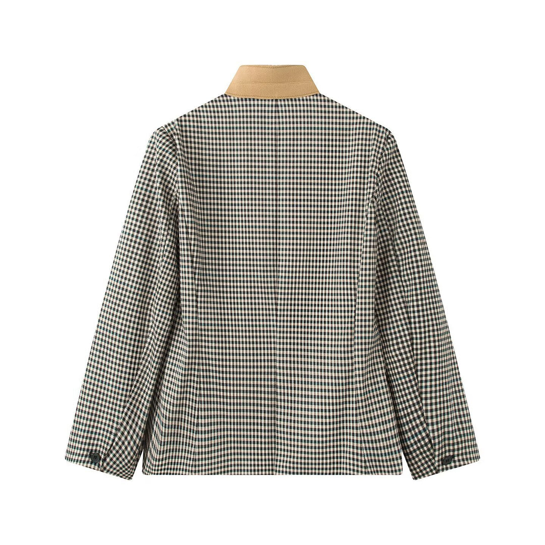 Damen Kurzjacke im Glencheck mit kontrastierendem Stehkragen und geradem Schnitt Drune