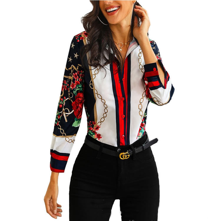 Damen Elegante Bluse mit floralem Design und kontrastierenden Streifen Drune