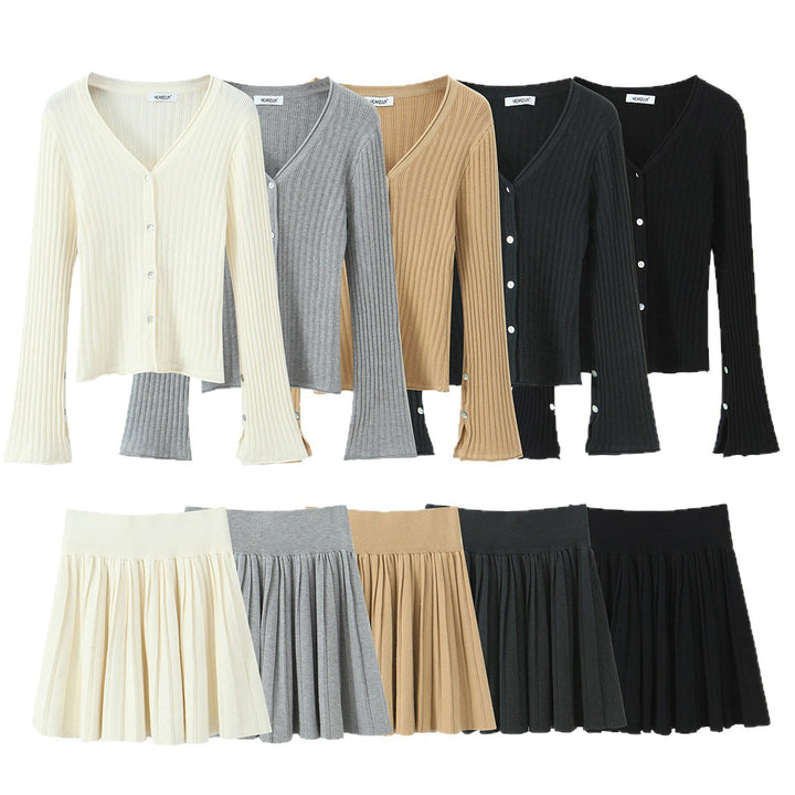 Damen Feinstrick-Cardigan mit V-Ausschnitt und plissiertem Minirock-Set Drune