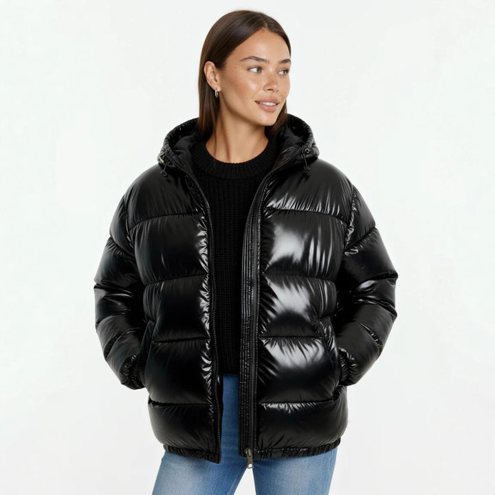 Damen Hochglanz Steppjacke mit Kapuze