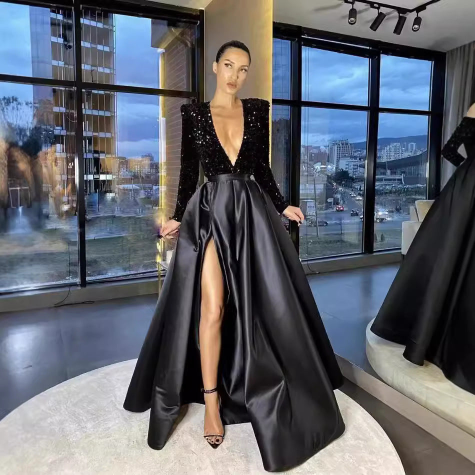 Damen Glamouröses Abendkleid mit tiefem V-Ausschnitt und hochgeschnittenem Rock Drune