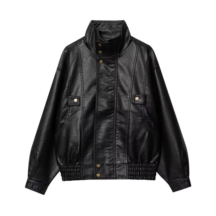 Damen lässige Kunstlederjacke mit hohem Kragen und Weitenregulierung Drune