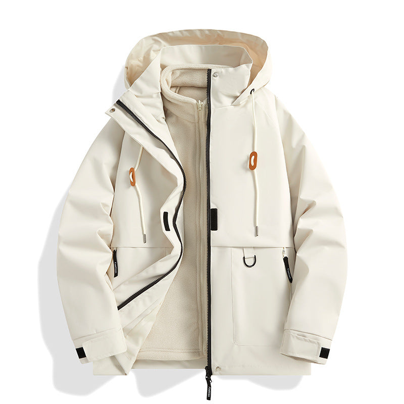 Herren Mehrlagige Softshell-Utilityjacke mit integriertem Fleece-Innenjackett, Kordelzugkapuze und Multifunktions-Taschen Drune