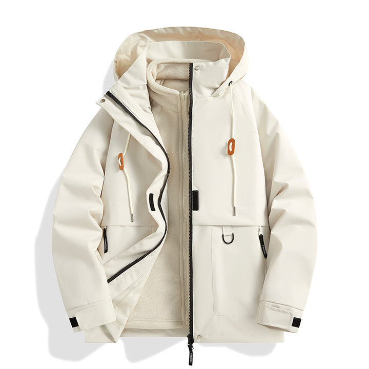 Herren Mehrlagige Softshell-Utilityjacke mit integriertem Fleece-Innenjackett, Kordelzugkapuze und Multifunktions-Taschen Drune
