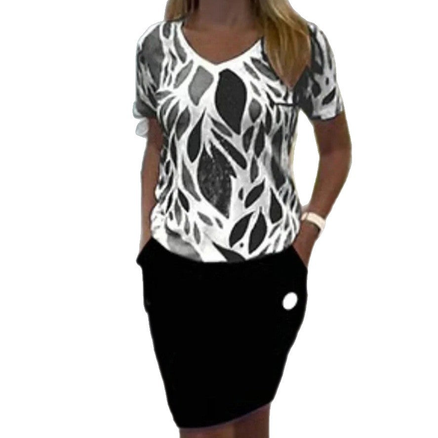 Damen nan lässiger Jersey-Zweiteiler mit bedrucktem V-Ausschnitt-Shirt und knielangem Bleistiftrock mit Eingrifftaschen Drune