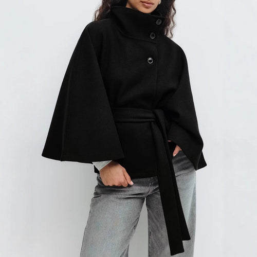 Damen elegante Umhangjacke mit hochgeschlossenem Stehkragen und schickem Gürtel Drune