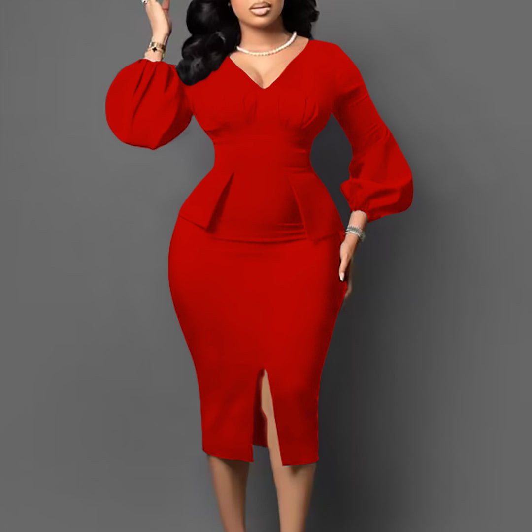 Damen Figurbetontes Midi-Kleid mit Puffärmeln und Schlitz Drune