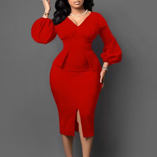 Damen Figurbetontes Midi-Kleid mit Puffärmeln und Schlitz Drune