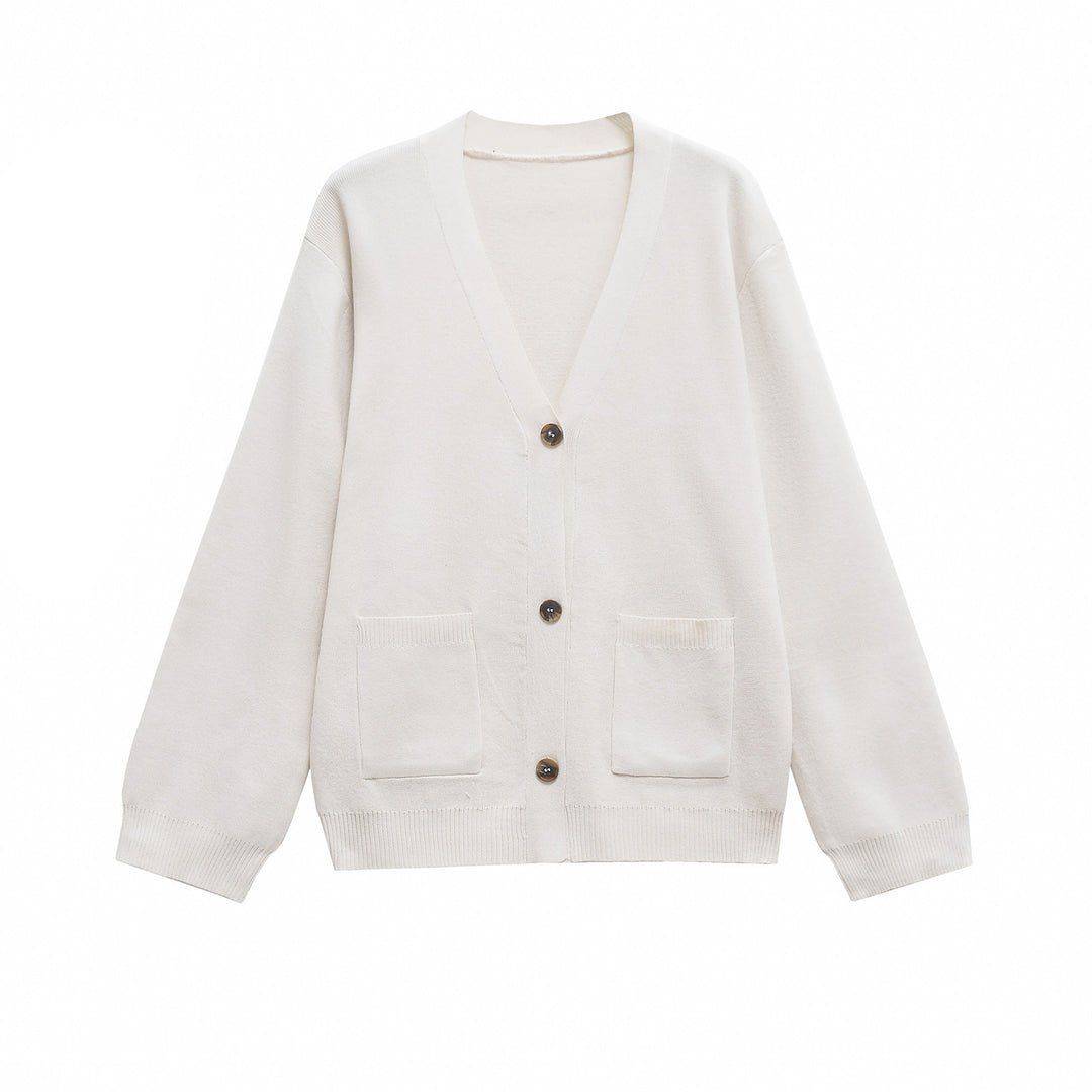 Damen 200+ Oversize Feinstrick‑Cardigan mit V‑Ausschnitt, Holzknöpfen und aufgesetzten Taschen Drune