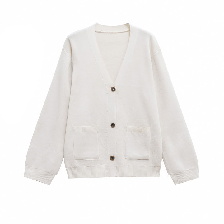 Damen 200+ Oversize Feinstrick‑Cardigan mit V‑Ausschnitt, Holzknöpfen und aufgesetzten Taschen Drune