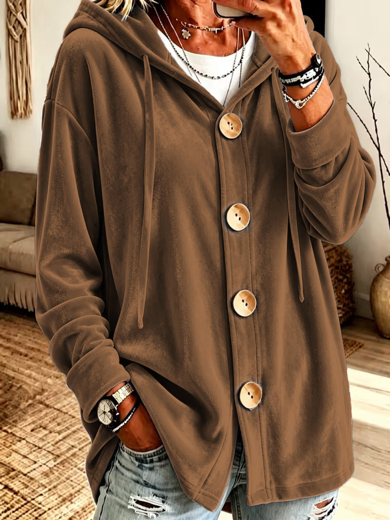 Damen Oversize Kapuzen-Samtjacke mit großen Holzknöpfen und weichem Veloursfutter Drune