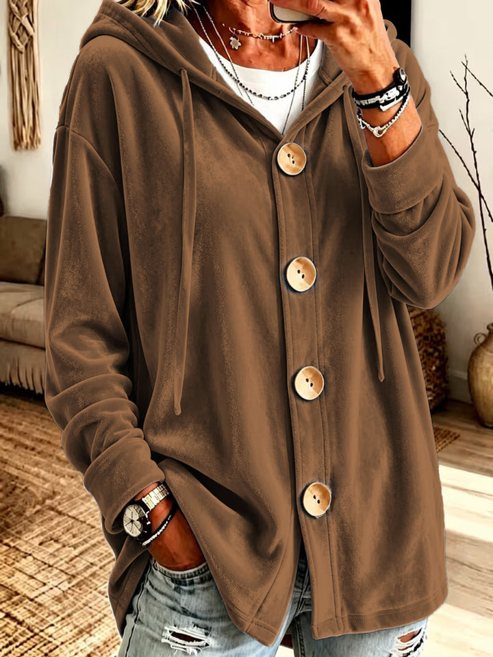 Damen Oversize Kapuzen-Samtjacke mit großen Holzknöpfen und weichem Veloursfutter Drune