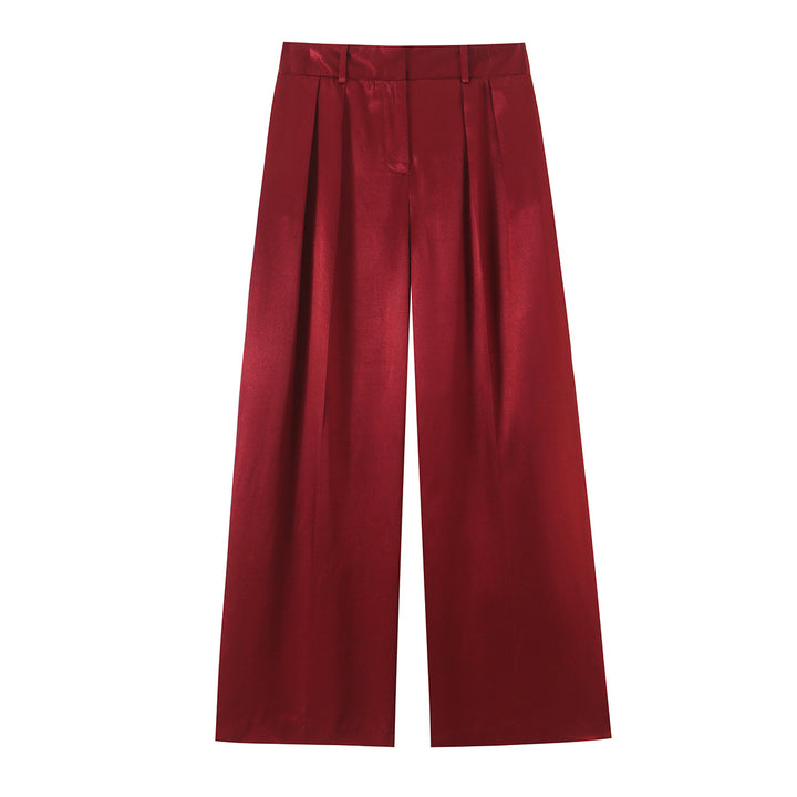 Damen Hochtaillierte Satin-Hose mit weitem Bein und Bundfalten Drune